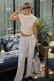 Skew Neck Asymmetric Top Wide Leg Textured Pants Matching Set