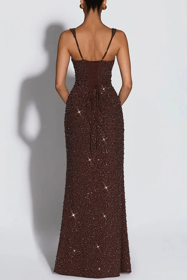 Calanthe Sequin Embellished Chiffon Ruched Square Neck Back Lace-up Maxi Dress