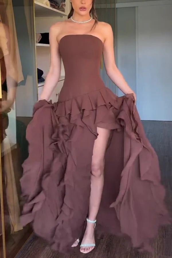 Elegant Sleeveless Off-shoulder Fitted Ruffled High Slit Maxi Dress