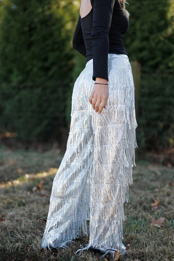Music Festival Sequin Layered Tassels Mid Rise Pocket Loose Party Pants