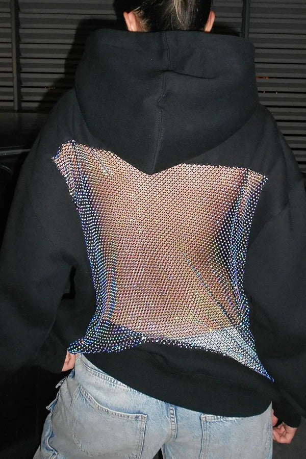 Fashionable Shiny Mesh Hollow Back Loose Long-sleeved Hooded Sweatshirt