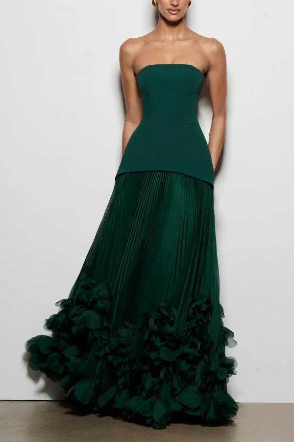 Serafina Strapless Back Lace-up Handcrafted Floral Appliqués Pleated Hem Gown Maxi Dress