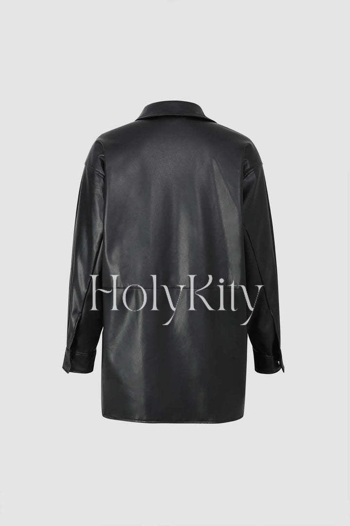 Veste en similicuir avec poche à rabat sur le devant 