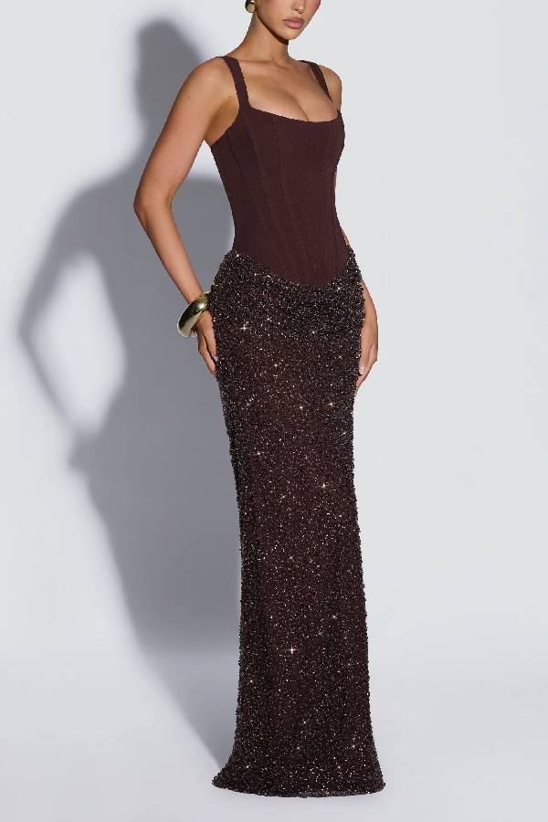 Yeona Square Neck Back Lace-up Sequin Embellished Drape Cowl Overlay Maxi Dress