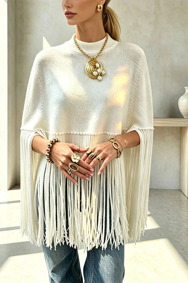 Adriana Knit Crew Neck Tassel Hem Loose Cape Sweater