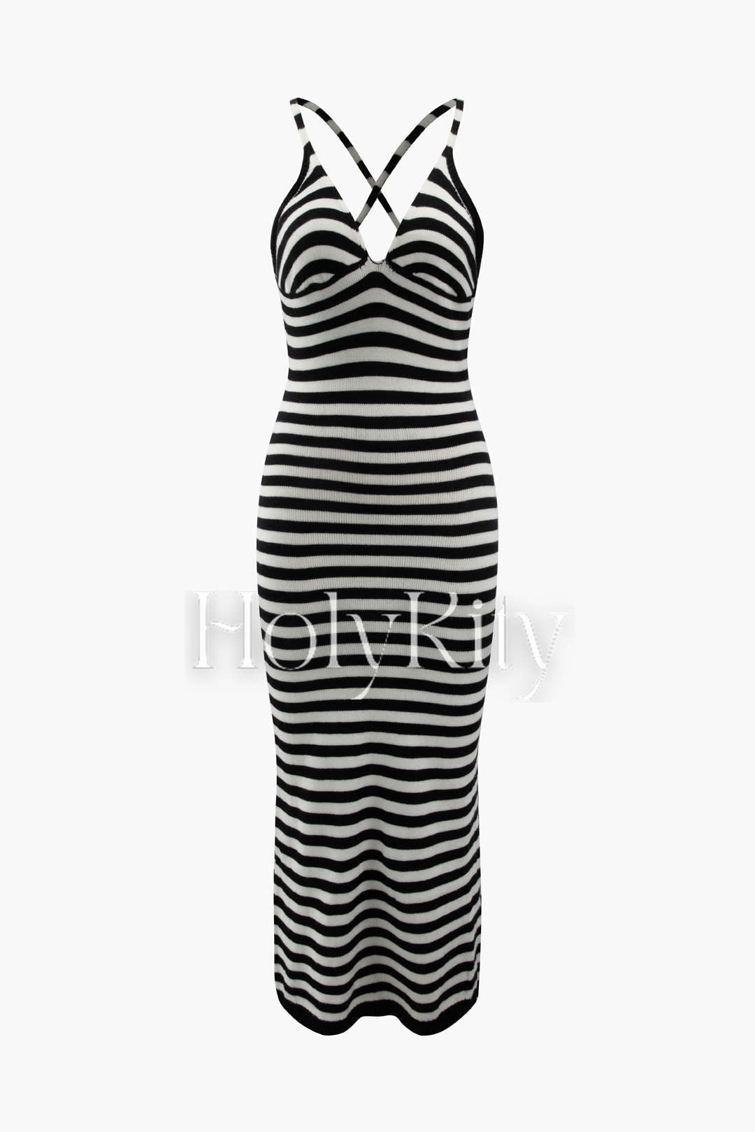 Stripe V-neck Cross Back Knit Midi Dress