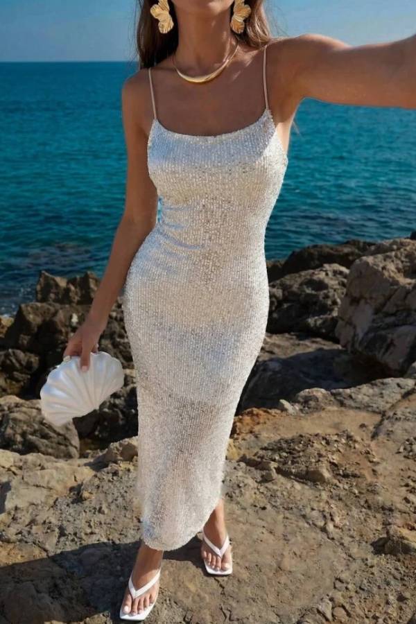 Sparkling Sequin Spaghetti Strap Scoop Neck Slim Fit Maxi Slip Dress