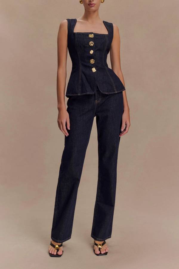Stassi Denim Square Neck Unique Button Up Princess Seams Vest Top