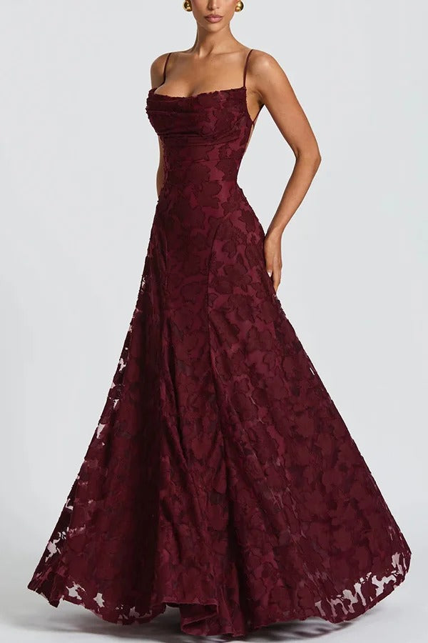 Francis Custom Floral Burnout Fabric Cowl Neck Back Lace-up Maxi Dress