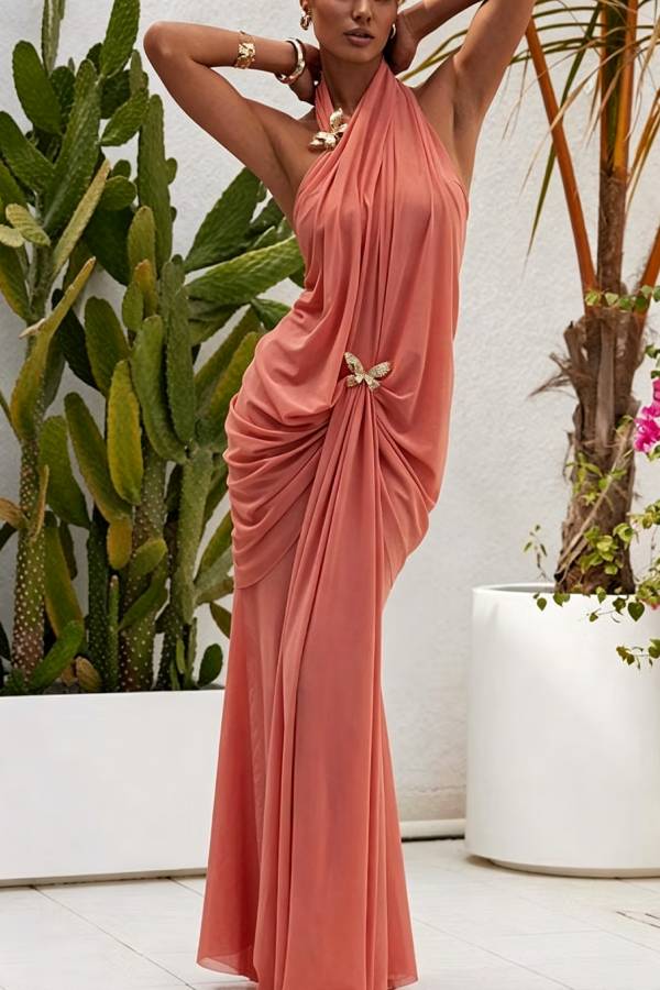 Touch of Drama Mesh Butterfly Metal Clips One Shoulder Backless Maxi Dress