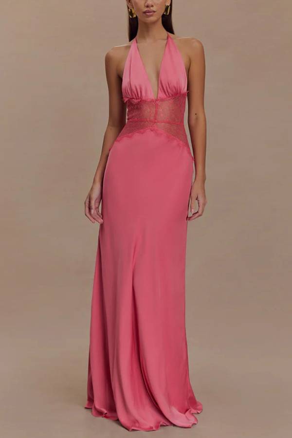 Halter Deep V Lace-Trim Satin Evening Gown