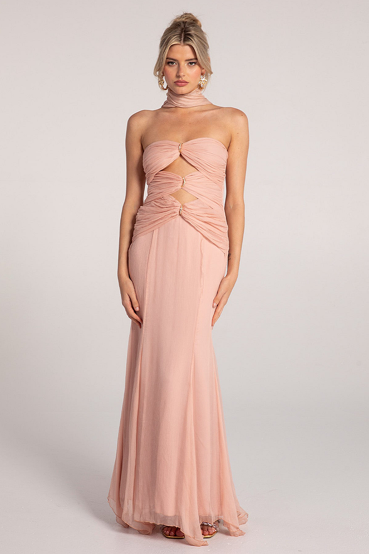 Strapless Ruched Cutout Mermaid Hem Maxi Dresses-Pink [Pre Order]