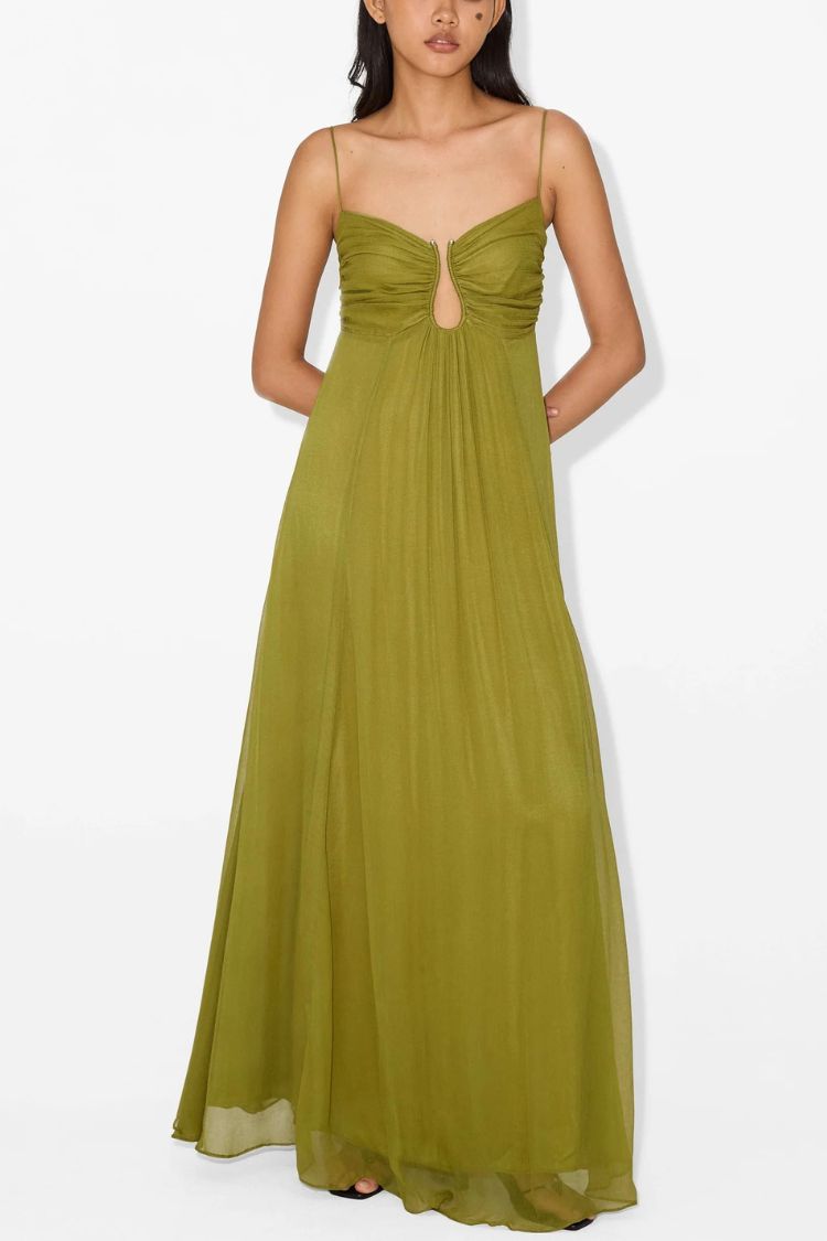 Soft and Elegant Metal Hollow Design Back Smocked A-line Slip Maxi Dress