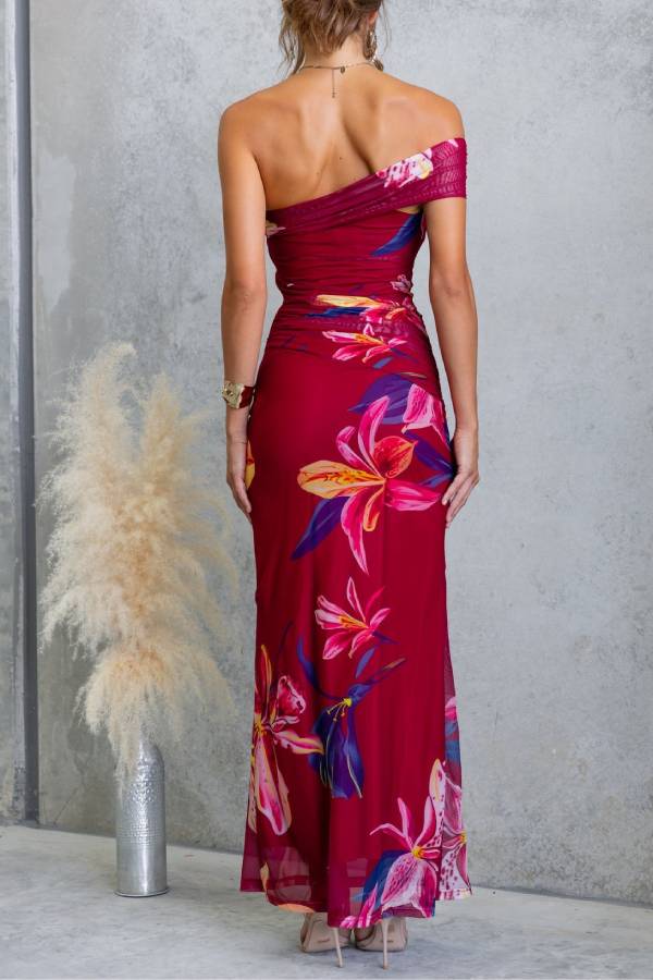 One-Shoulder Floral Print Ruched Mesh Bodycon Maxi Dress
