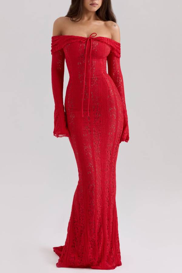 Off‑Shoulder Lace Flare Sleeve Mermaid Evening Gown