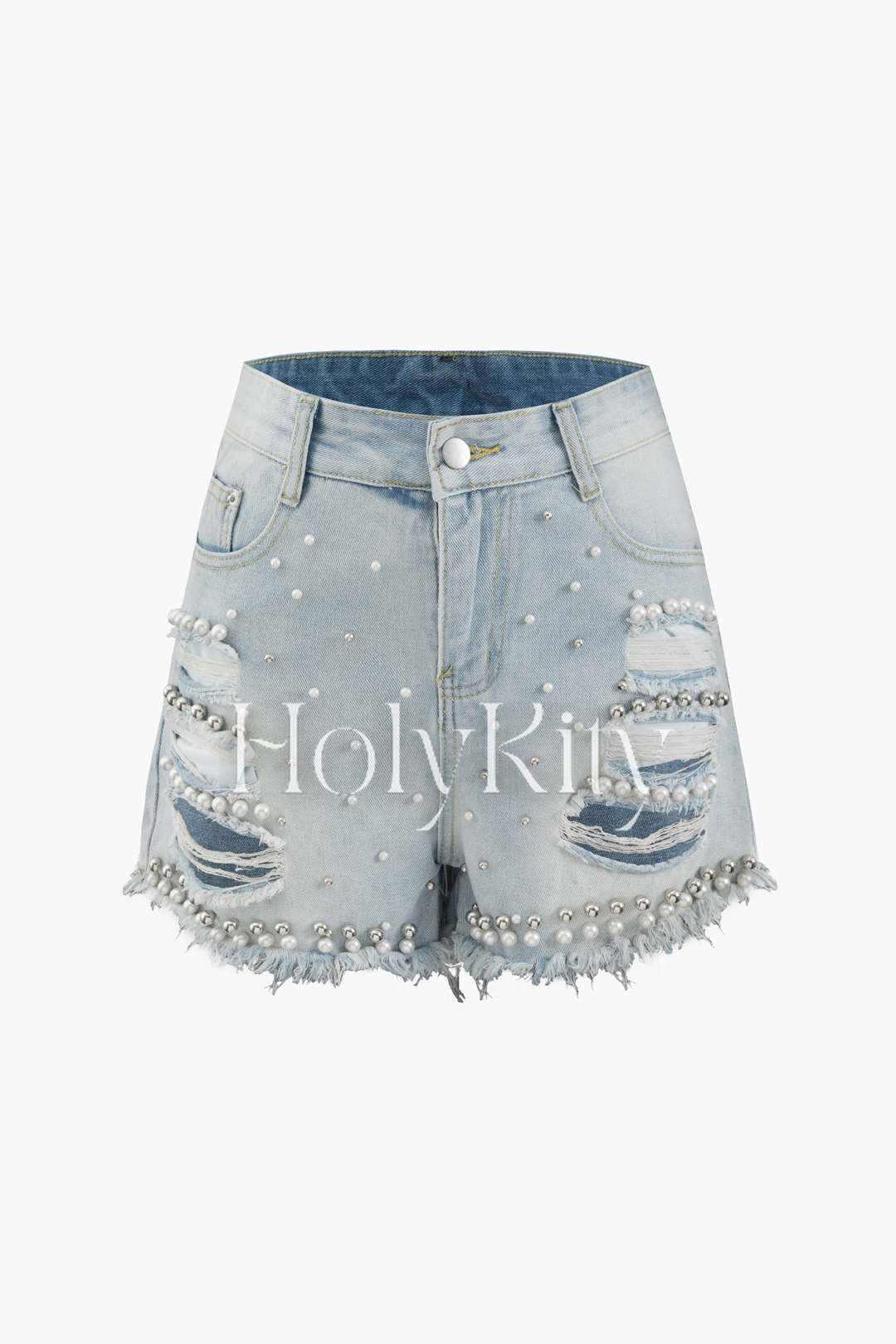 Short en jean usé effiloché orné de perles