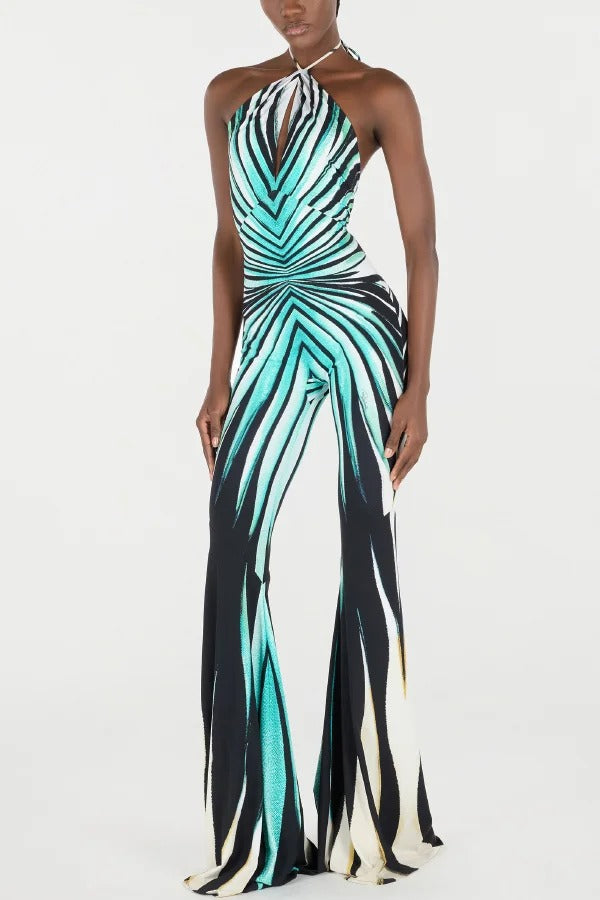 Unique Striped Print Halter Neck Cutout Tie-up Casual Flared Jumpsuit