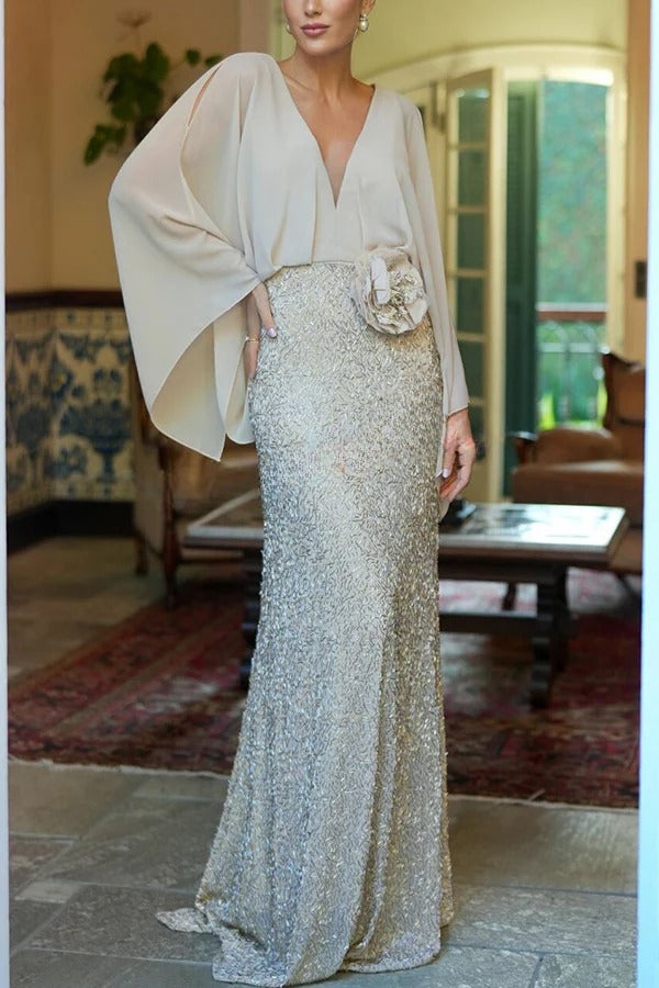 Aleina Chiffon Batwing Sleeve Flower Embroidered Waist Sequin Fabric Maxi Dress
