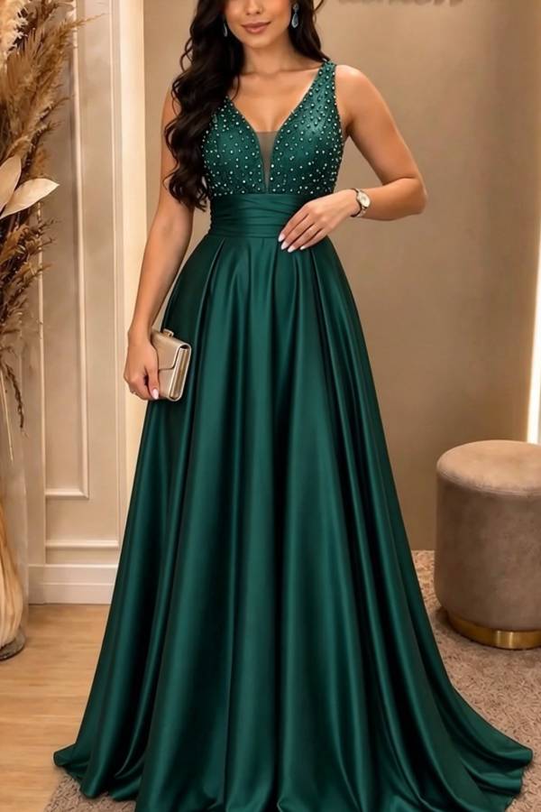 Grand Ball Satin Beadwork Details V-neck Pleated Hem Gown Maxi Dress