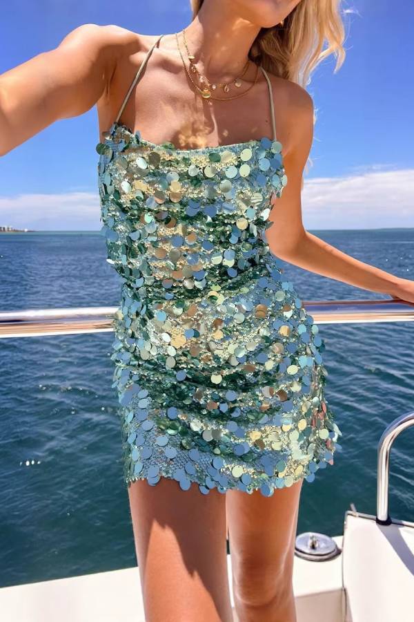 Gradient Sequin Spaghetti Strap Lace‑Up Backless Mini Dress