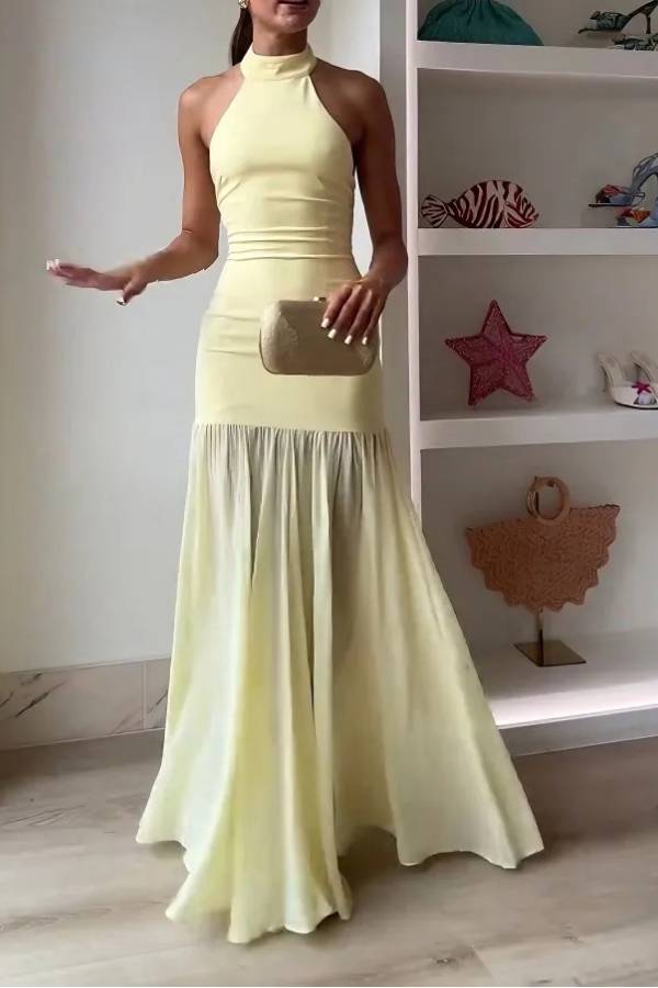Elegant Halter Neck Ruched Drop Waist Maxi Dress