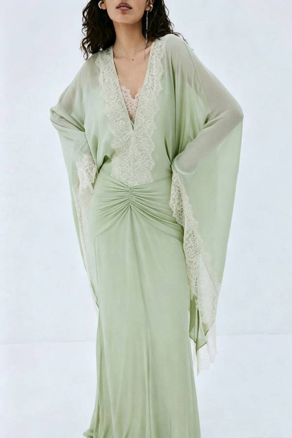 Evita Georgette Lace Trim Kaftan-style Sleeve Ruched Hip Maxi Dress