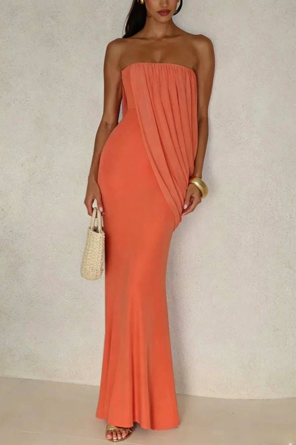 Vienna Modal Jersey Ruched Asymmetric Draped Mesh Strapless Maxi Dress