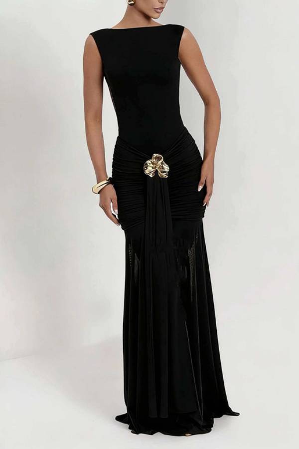 Boat Neck Open Back Metallic Flower Ruched Mesh Mermaid Maxi Gown
