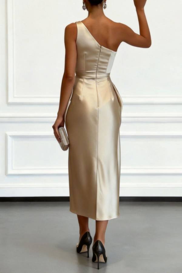 Multi-Color Satin One-Shoulder Ruched Side Draped Midi Formal Dress
