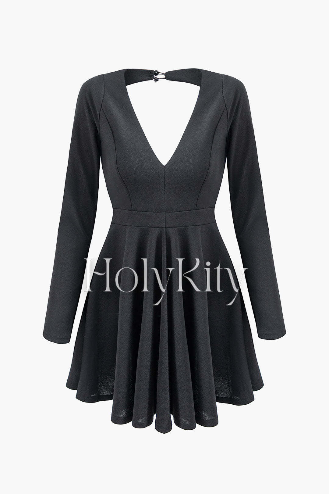 Solid V-neck Long Sleeve Backless Pleated Mini Dress