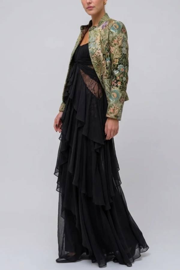 Vintage Brocade Cropped Jacket and Ruffle Maxi Dress Two Piece Set