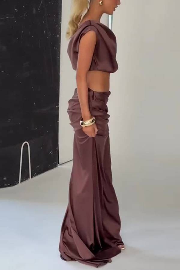 Off-the-shoulder satin crop top and fishtail skirt set
