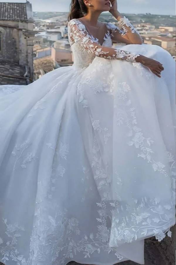 Long Sleeve Lace Applique Ball Gown Wedding Dress