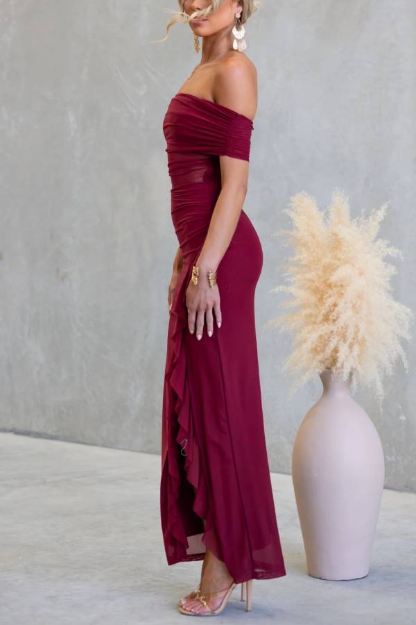 Off Shoulder Sheer Mesh Ruched Ruffle Slit Bodycon Maxi Dress