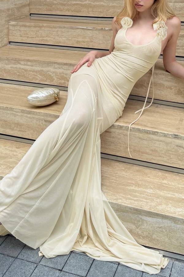 Cream 3D Rose Mesh Bodycon Mermaid Maxi Dress