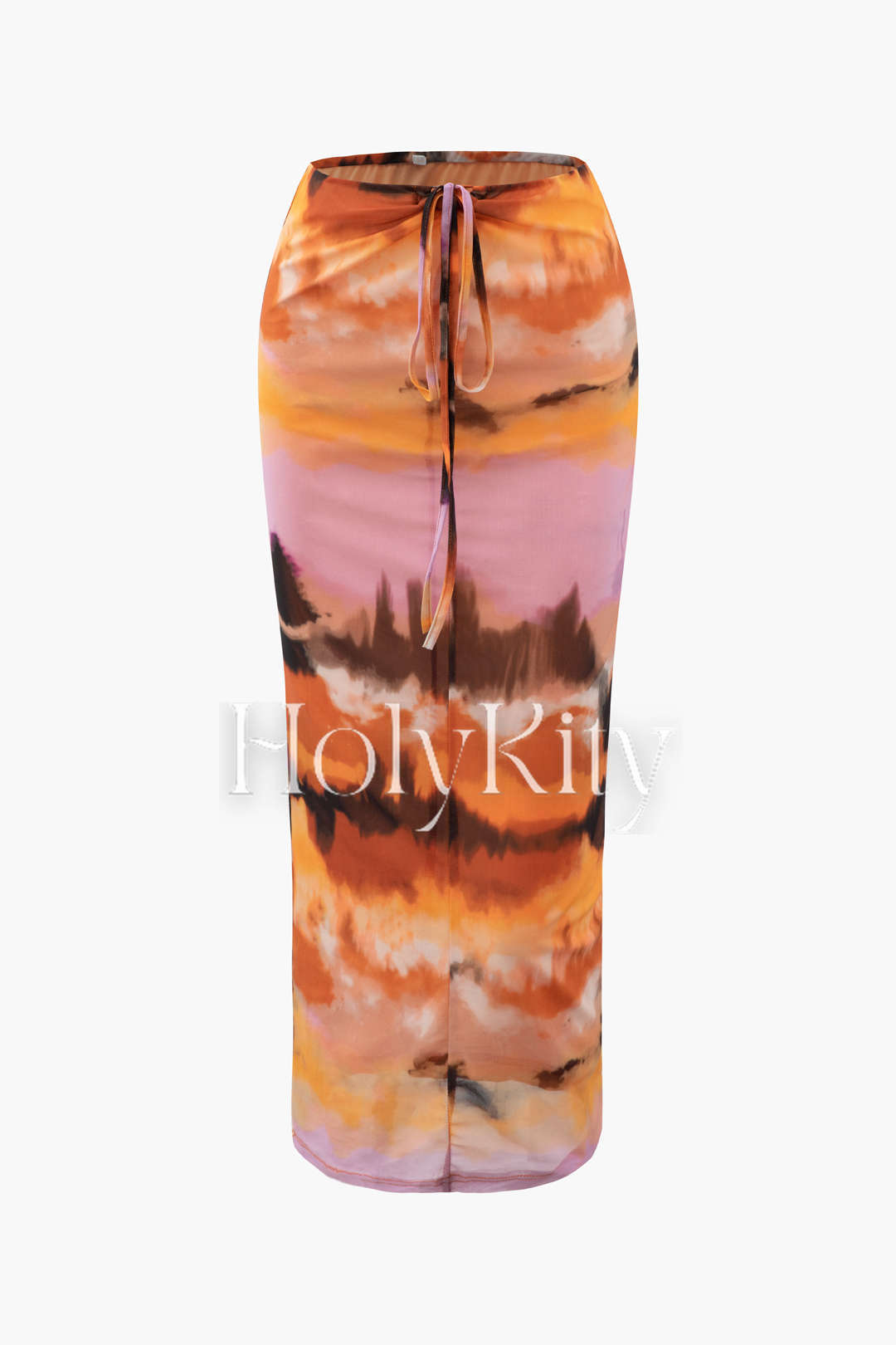 Abstract Print Tie Waist Mesh Maxi Skirt