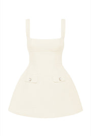 Square Neck Cinch Waist Faux Flap Pockets Mini Slip Dresses-White