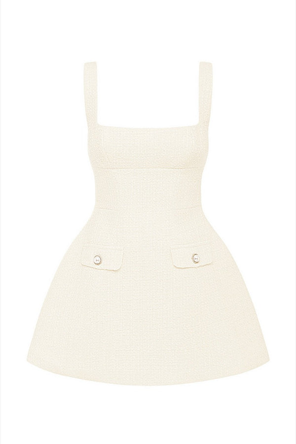 Square Neck Cinch Waist Faux Flap Pockets Mini Slip Dresses-White