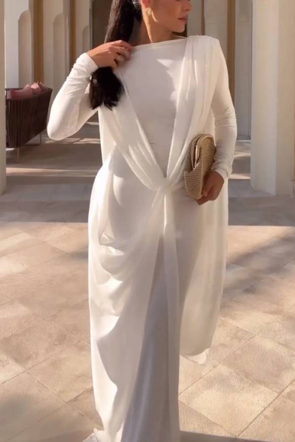 White Long Sleeve Draped Cape Column Maxi Dress for Evening
