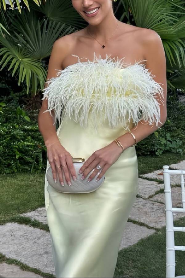 Strapless Feather Satin Mermaid Maxi Dress