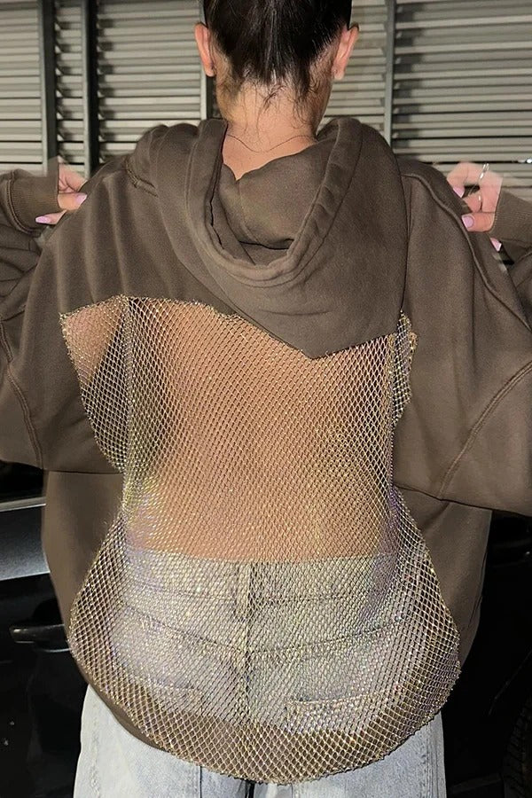 Fashionable Shiny Mesh Hollow Back Loose Long-sleeved Hooded Sweatshirt
