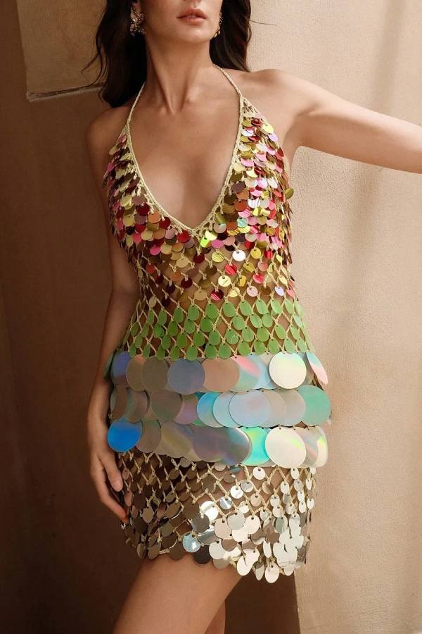 Iridescent Large‑Disc Halter Open‑Back Woven Mini Dress