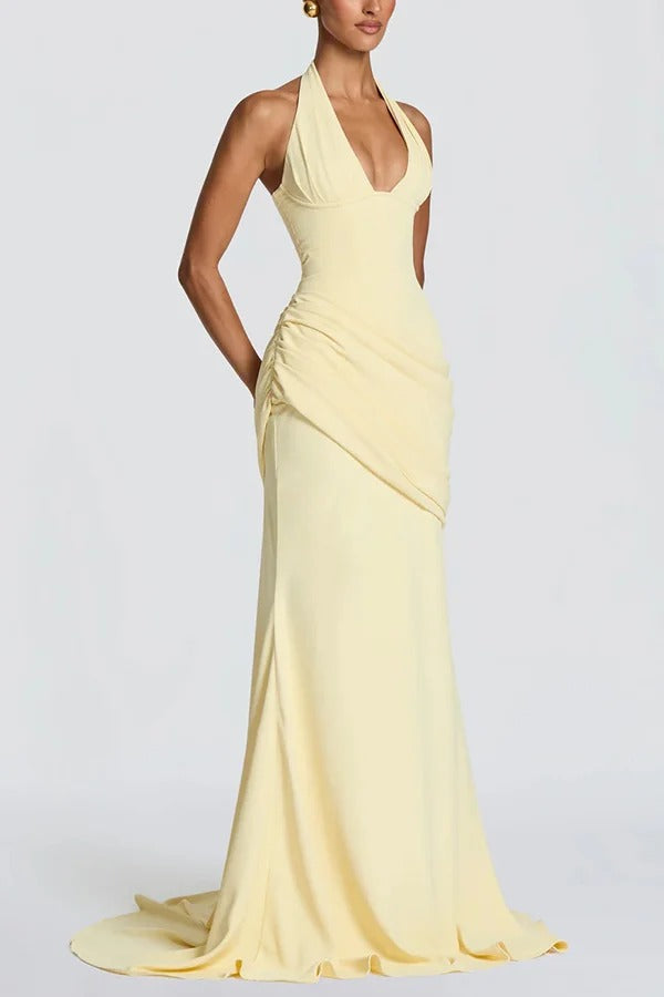 Nehemia Halter V-neck Back Lace-up Asymmetric Pleated Panel Drapes Maxi Dress