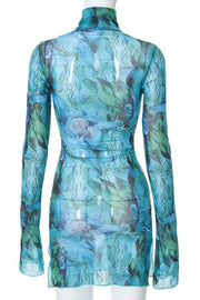 Sheer mesh see through print high neck slit long sleeve mini dress