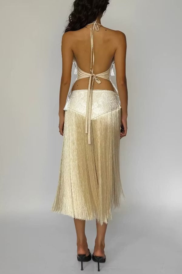 Fashionable Lace Appliqué Tassel Hem Vacation Maxi Skirt