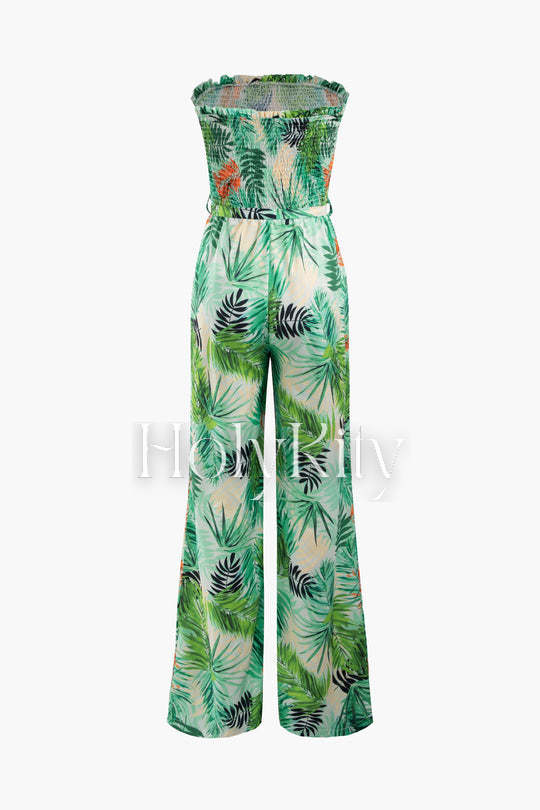 Combinaison à imprimé tropical, sans bretelles et ceinture, jambes larges 