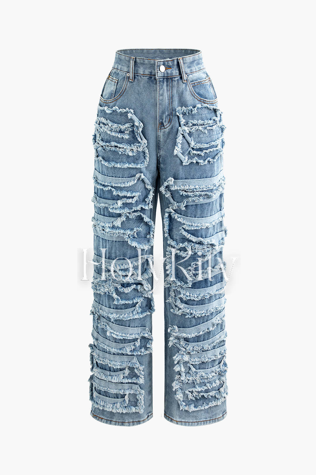 High Waist Frayed Patchy Straight Leg Jeans
