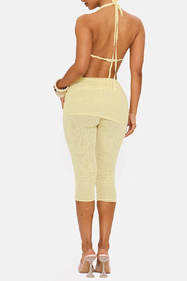 Halter Cowl Deep Cutout Twisted Mesh Capri Pants Hot Girl Co-ord Set