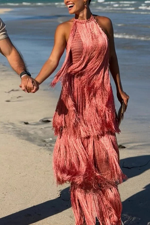 Vacation Icon Layered Tassels Halter Tie-up Open Back Maxi Dress
