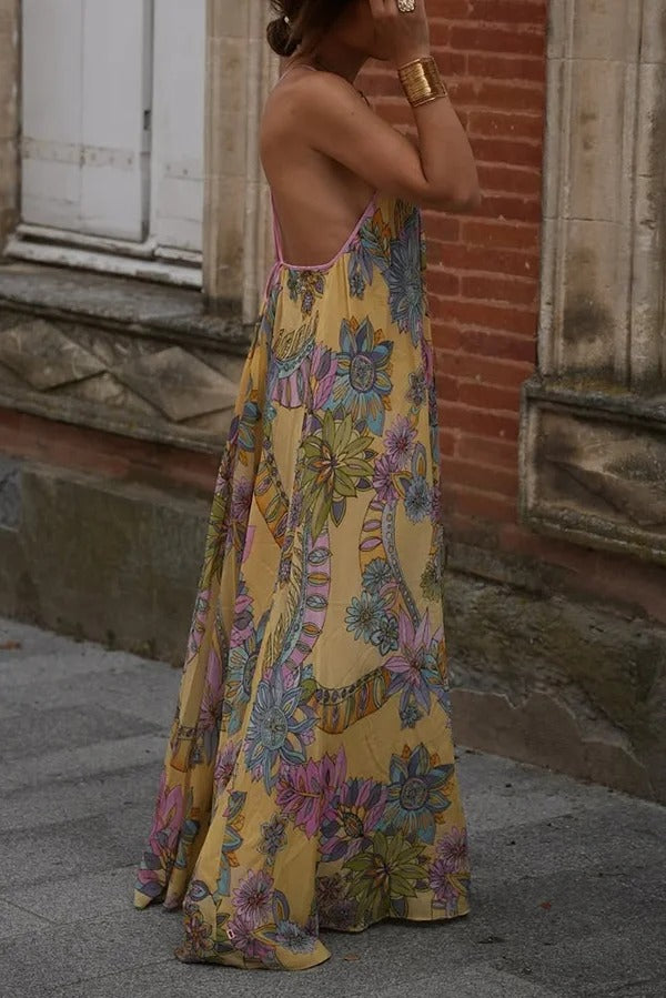 Plant Print Halter Back Loose Holiday Maxi Dress